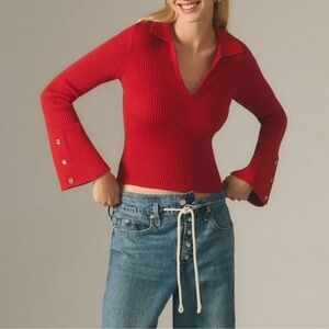 Maeve for Anthropologie red ribbed polo bell sleeve sweater